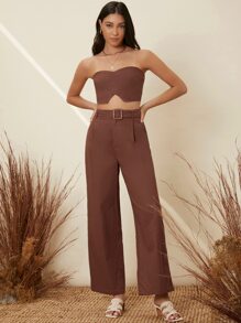 SHEIN Conjunto top tubo corto de espalda con fruncido con pantalones palazzo - Marrón - Ver 3