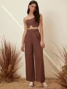 SHEIN Conjunto top tubo corto de espalda con fruncido con pantalones palazzo - Marrón - Ver 1