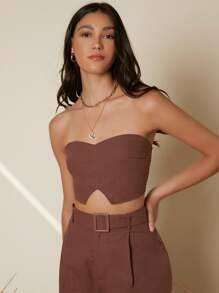 SHEIN Conjunto top tubo corto de espalda con fruncido con pantalones palazzo - Marrón - Ver 2