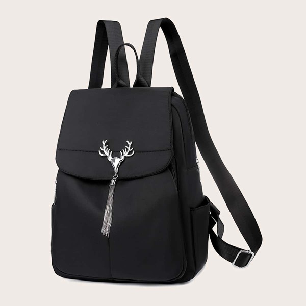 

Metal Decor Double Pocket Flap Backpack, Black