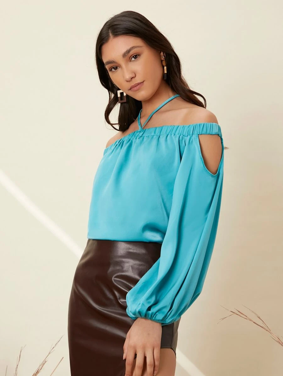 SHEIN Lantern Sleeve Off Shoulder Halter Top - Blue - View 1