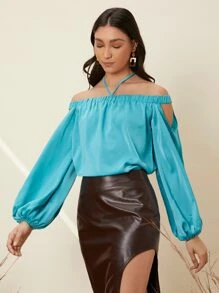 SHEIN Lantern Sleeve Off Shoulder Halter Top - Blue - View 2