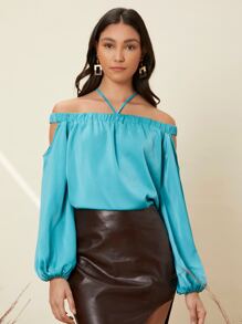 SHEIN Lantern Sleeve Off Shoulder Halter Top - Blue - View 5