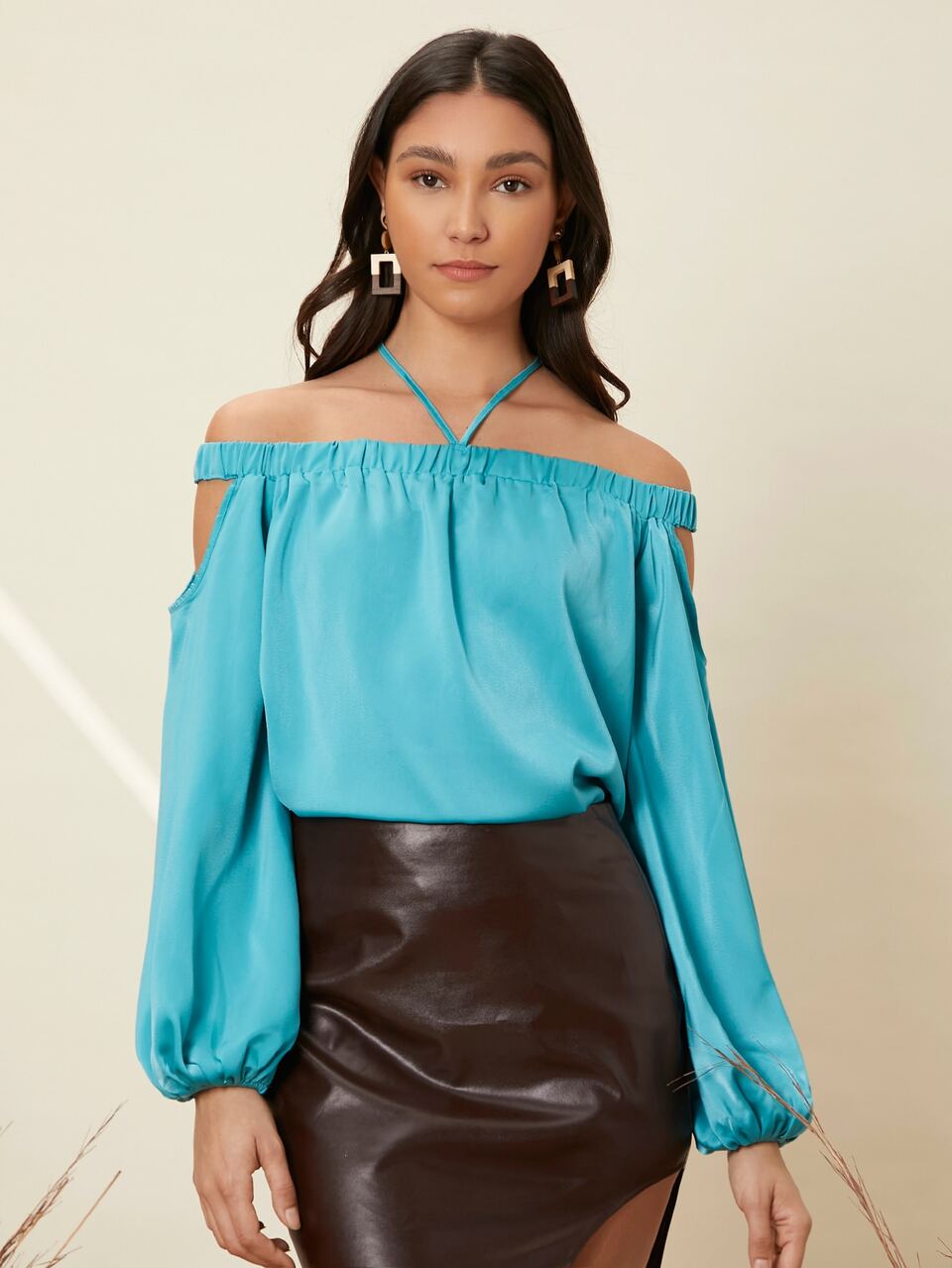 Lantern Sleeve Off Shoulder Halter Top