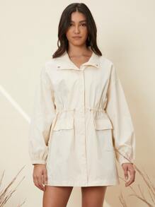 SHEIN Abrigo de cintura con cordón con diseño de solapa - Beis - Ver 1