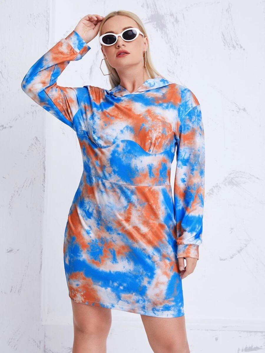 Plus Tie Dye Hooded Sweatshirt Dress - Multicolor - View 1