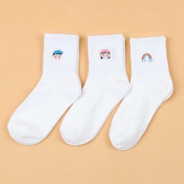 

3pairs Cartoon Embroidered Crew Socks, White