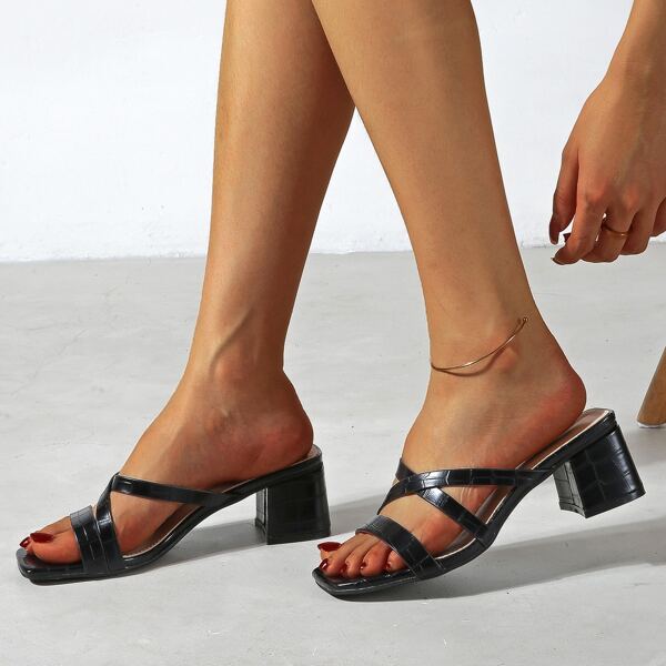 

Croc Embossed Chunky Heeled Mules, Black