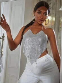 SHEIN SXY Top pañuelo de espalda abierta de color metálico halter - Plateado - Ver 6