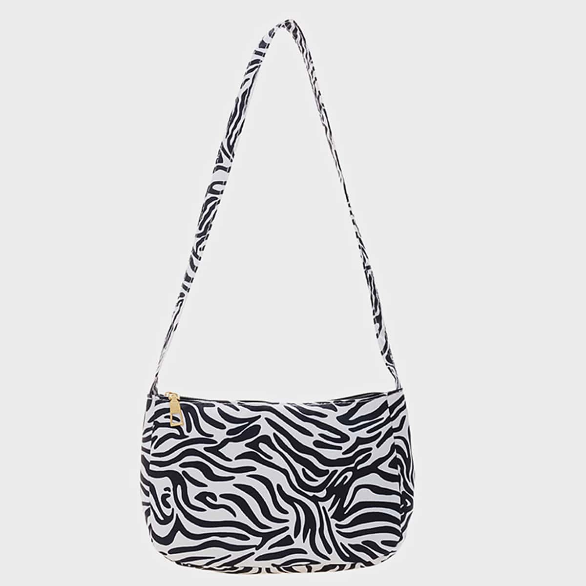 

Zebra Striped Shoulder Bag, Black and white