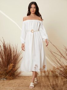 SHEIN 一字肩下擺開叉附腰帶連衣裙 - 白色 - 查看 3