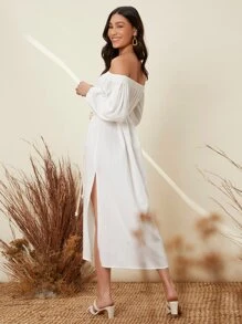 SHEIN 一字肩下擺開叉附腰帶連衣裙 - 白色 - 查看 2