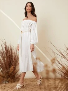 SHEIN 一字肩下擺開叉附腰帶連衣裙 - 白色 - 查看 4