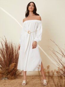 SHEIN 一字肩下擺開叉附腰帶連衣裙 - 白色 - 查看 5
