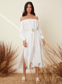 SHEIN 一字肩下擺開叉附腰帶連衣裙 - 白色 - 查看 1