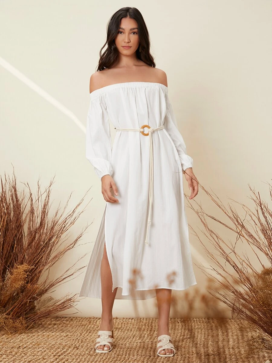SHEIN 一字肩下擺開叉附腰帶連衣裙 - 白色 - 查看 1