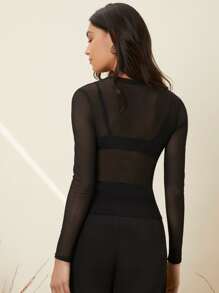 SHEIN BAE Sheer Slim Top Without Bra - Black - View 2