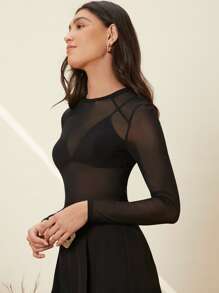 SHEIN BAE Sheer Slim Top Without Bra - Black - View 5