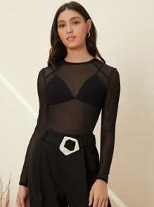 SHEIN BAE Sheer Slim Top Without Bra - Black - View 6