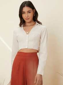 SHEIN Áo sơ mi Nút phía trước màu trơn Thanh lịch - Màu be - Xem 3