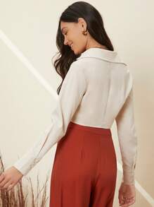 SHEIN Áo sơ mi Nút phía trước màu trơn Thanh lịch - Màu be - Xem 4