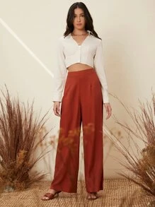 SHEIN Áo sơ mi Nút phía trước màu trơn Thanh lịch - Màu be - Xem 5