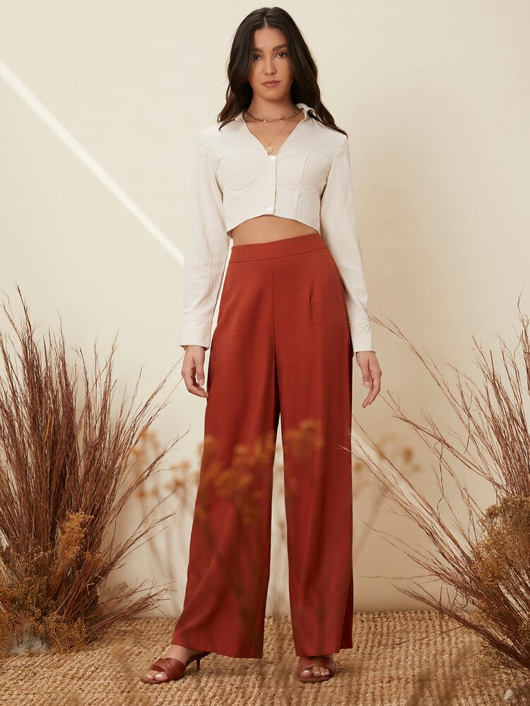 SHEIN Áo sơ mi Nút phía trước màu trơn Thanh lịch - Màu be - Xem 5