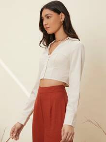 SHEIN Áo sơ mi Nút phía trước màu trơn Thanh lịch - Màu be - Xem 2