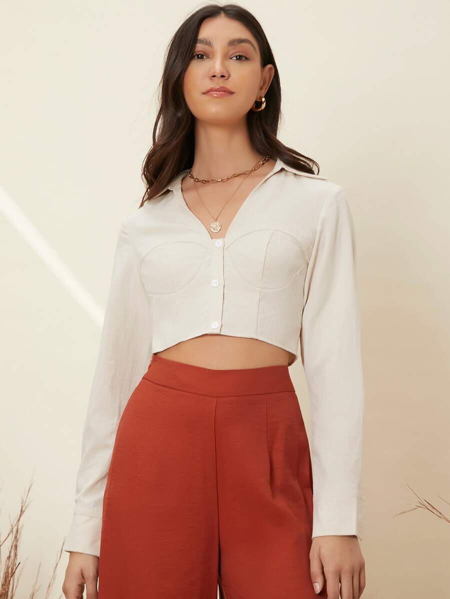 SHEIN Áo sơ mi Nút phía trước màu trơn Thanh lịch - Màu be - Xem 1