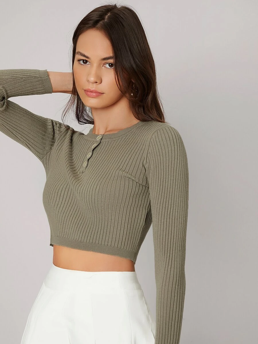 SHEIN Suéter corto con botón medio - Verde militar - Ver 1