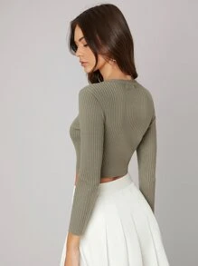 SHEIN Suéter corto con botón medio - Verde militar - Ver 2