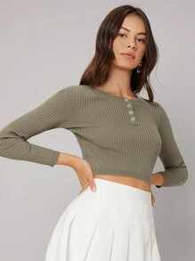 SHEIN Suéter corto con botón medio - Verde militar - Ver 5