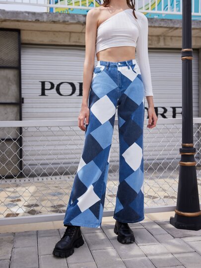 بنطلون جينز ذو خصر عالي بطبعة أرجايل وساق واسعة