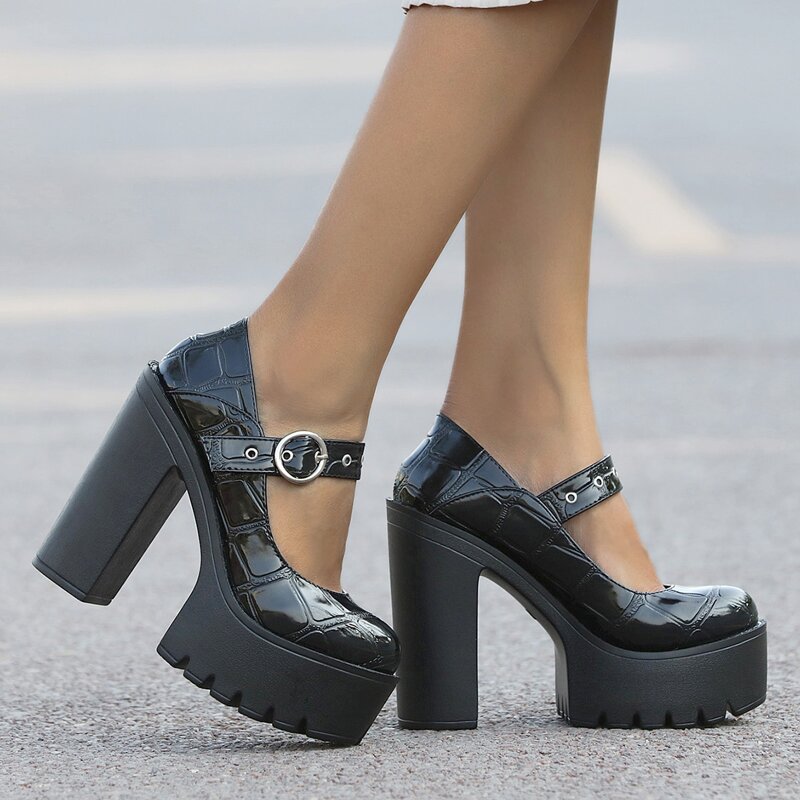 

Buckle Decor Platform Chunky Mary Jane Pumps, Black