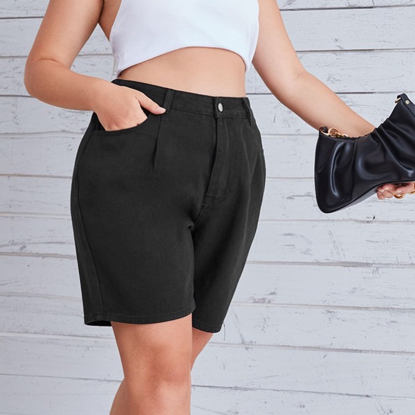 

Plus High Waisted Slant Pocket Denim Shorts, Black