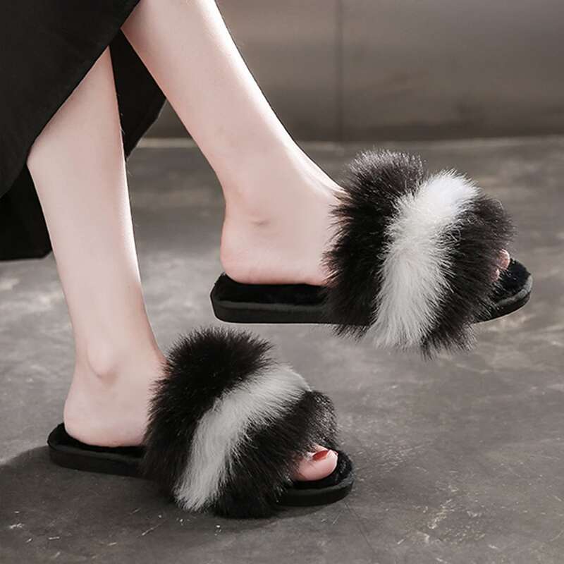 

Color Block Fluffy Bedroom Slippers, Black