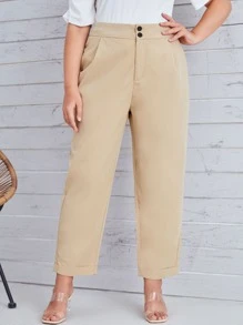 Plus High Waist Roll Hem Trousers - Khaki - View 1
