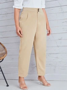Plus High Waist Roll Hem Trousers - Khaki - View 3