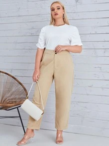 Plus High Waist Roll Hem Trousers - Khaki - View 4
