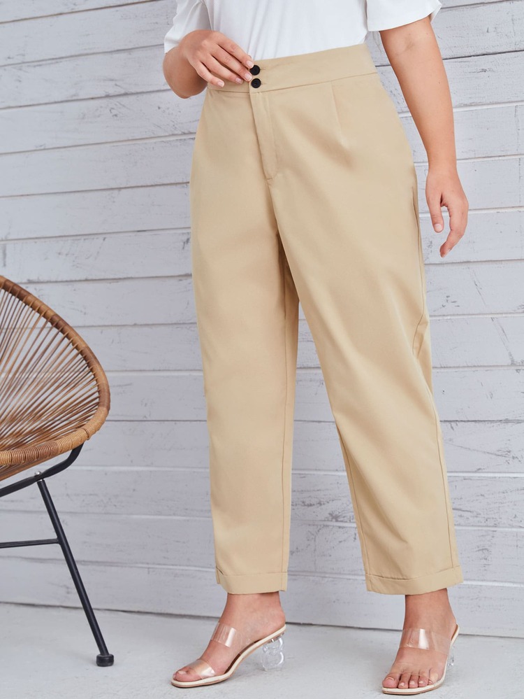 Plus High Waist Roll Hem Pants - Khaki - View 5