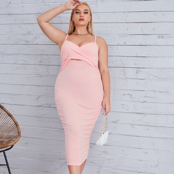 

Plus Crossover Front Ruched Cami Bodycon Dress, Baby pink