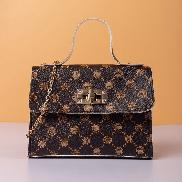 

Graphic Print Toggle Lock Chain Satchel Bag, Brown