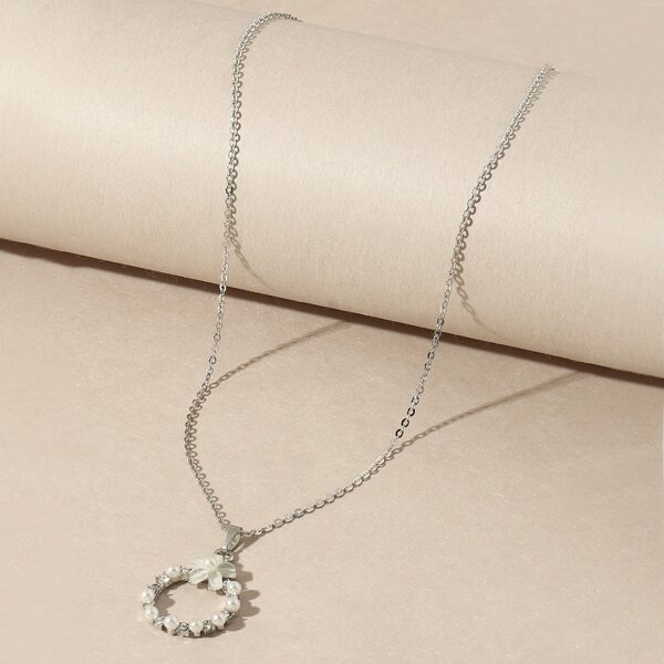 

Faux Pearl & Flower Decor Ring Charm Necklace, Silver