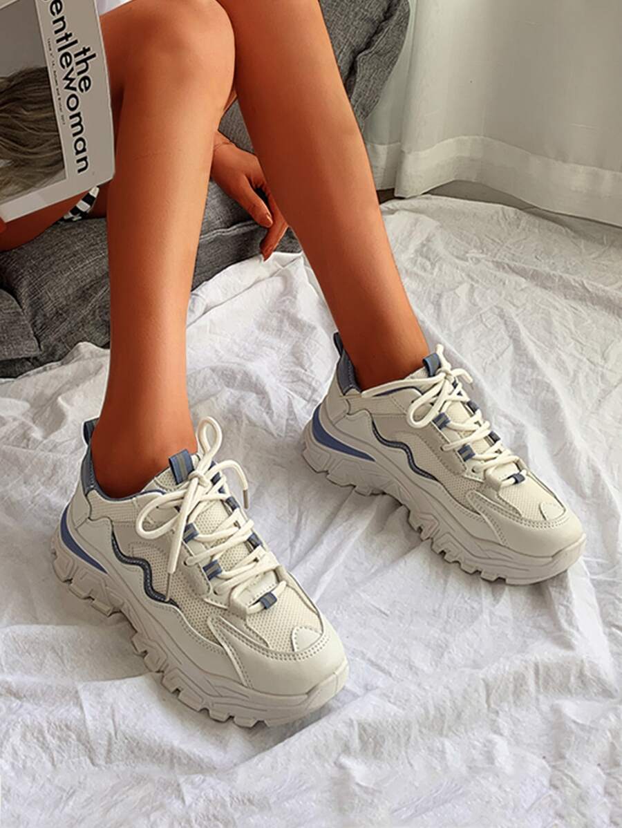 雙色繫帶老爹鞋,女士淺褐色競技鞋 - 米色 - 查看 1