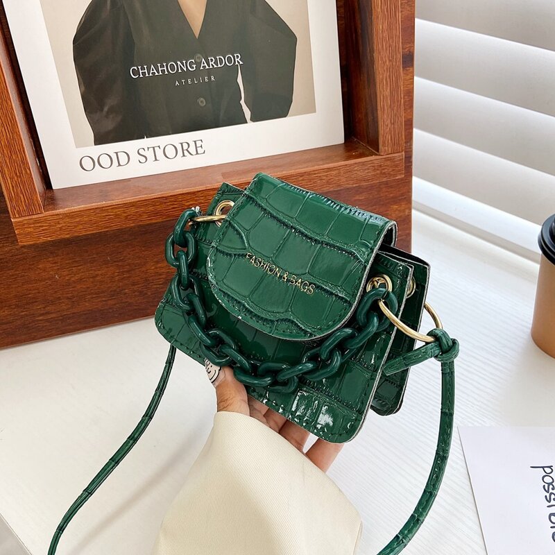 

Mini Croc Embossed Satchel Bag, Green