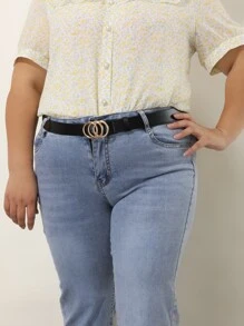 1pc Women's Black Fashionable Metal Buckle Plus Size Belt With Hole Punch For Daily Life Summer, School Fall, Autumn, Halloween - Black - View 2