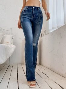 腰細臀圓水鑽細節破洞牛仔褲 - 深色水洗藍 - 查看 3