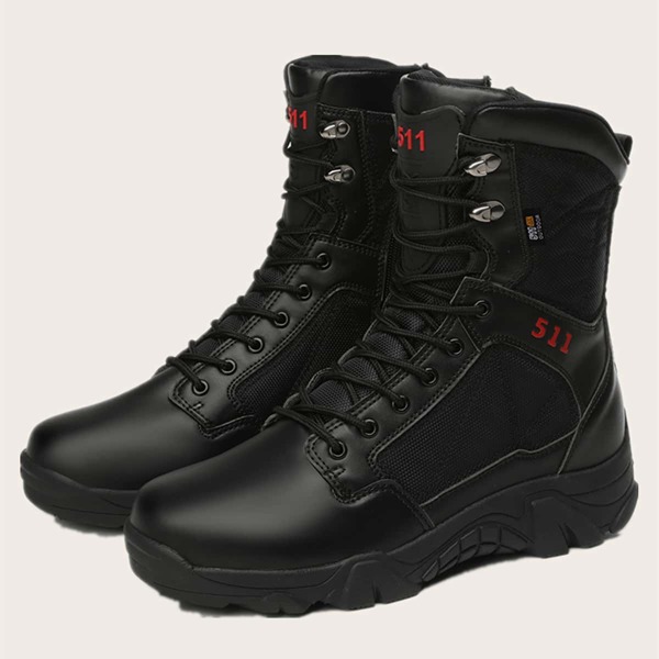 

Men Mesh Panel Letter Graphic Lace-up Front Boots, Black