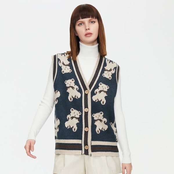 

Single Breasted Bear Pattern Cardigan Without Top, Multicolor