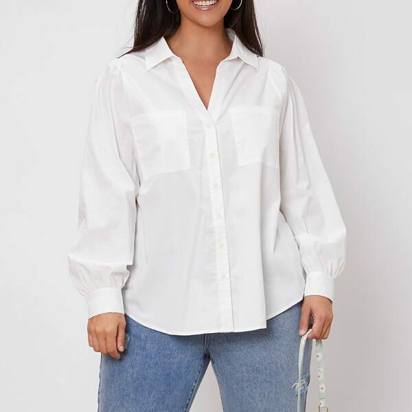 

Plus Patched Pocket Ruched Blouse, White